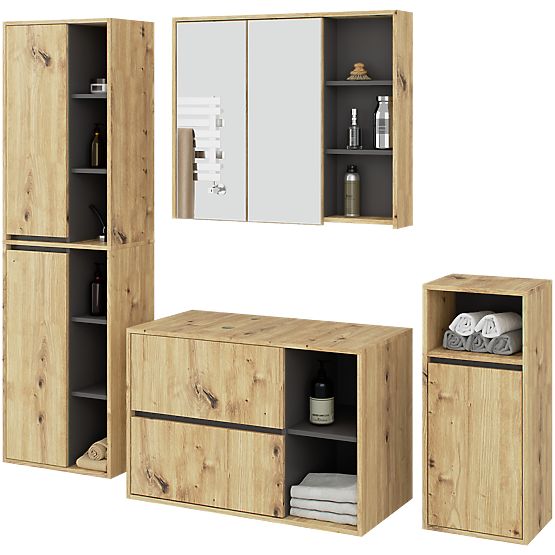 SET OF HANGING BATHROOM FURNITURE WITH OPENINGS VAMI OAK ARTISAN / GRAPHITE GRAY