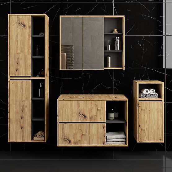 SET OF HANGING BATHROOM FURNITURE WITH OPENINGS VAMI OAK ARTISAN / GRAPHITE GRAY