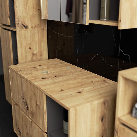 SET OF HANGING BATHROOM FURNITURE WITH OPENINGS VAMI OAK ARTISAN / GRAPHITE GRAY