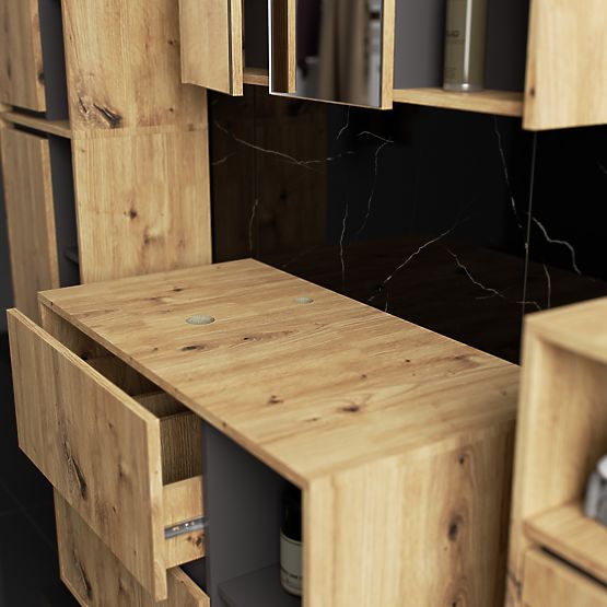 SET OF HANGING BATHROOM FURNITURE WITH OPENINGS VAMI OAK ARTISAN / GRAPHITE GRAY