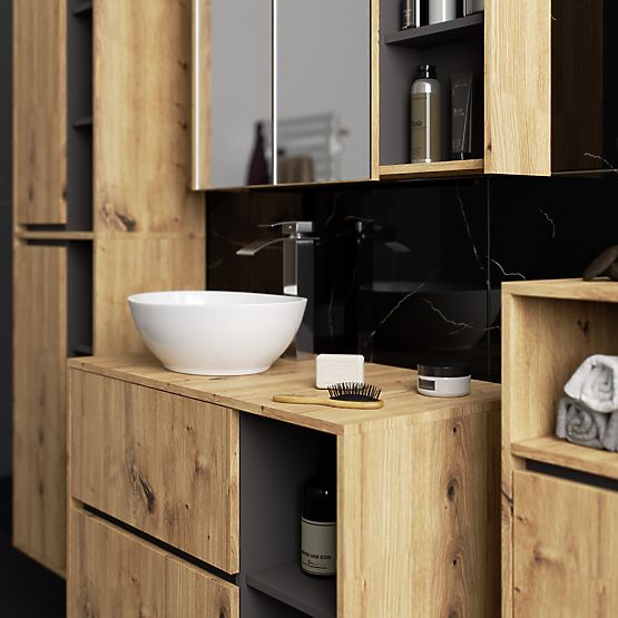 SET OF HANGING BATHROOM FURNITURE WITH OPENINGS VAMI OAK ARTISAN / GRAPHITE GRAY