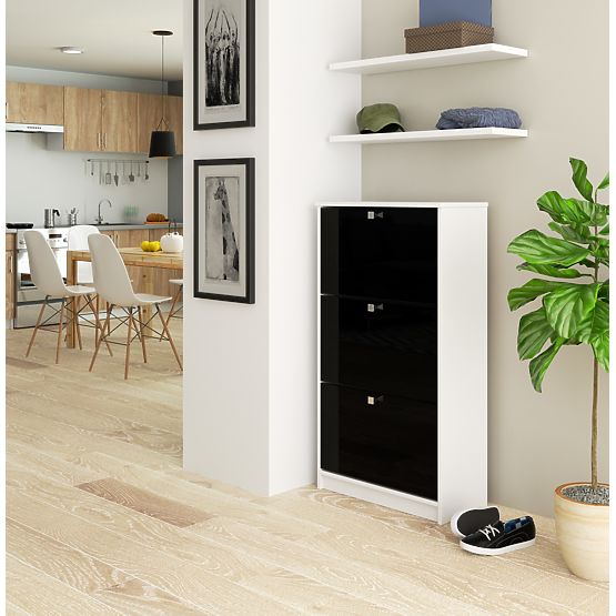 SHOE CABINET 3 FLIP DOORS 60 cm WHITE / BLACK GLOSS