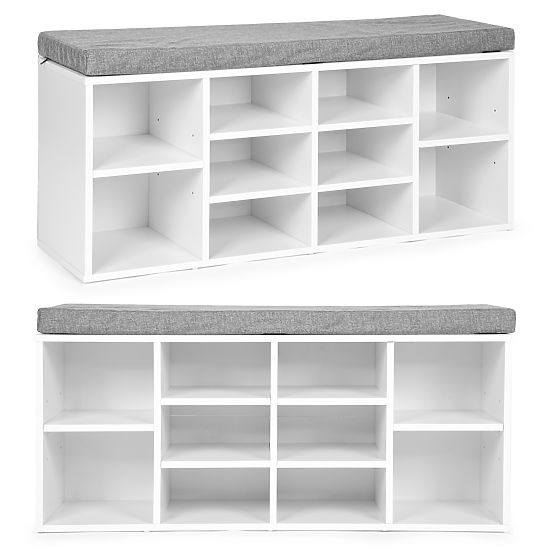 Shoe Cabinet with Gray Cushion 10 Shelves White