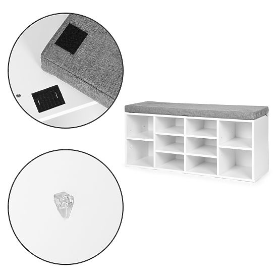 Shoe Cabinet with Gray Cushion 10 Shelves White