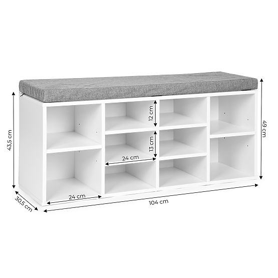 Shoe Cabinet with Gray Cushion 10 Shelves White