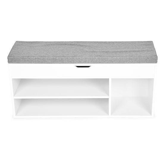 Shoe Cabinet with Gray Cushion and Opening Seat 3 Shelves White