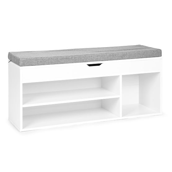 Shoe Cabinet with Gray Cushion and Opening Seat 3 Shelves White
