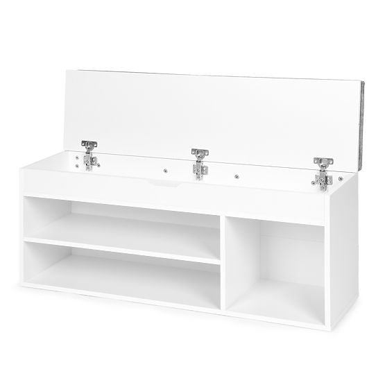 Shoe Cabinet with Gray Cushion and Opening Seat 3 Shelves White