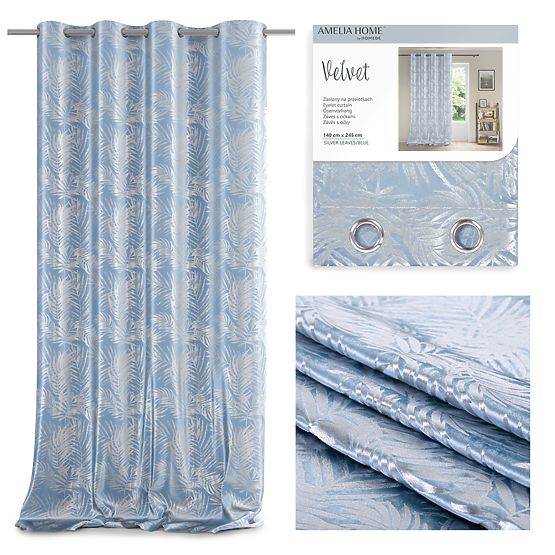 SILVERLEAVES Curtain Light Blue Printed Glamour Style Silver Eyelets Velvet 140x245 AmeliaH