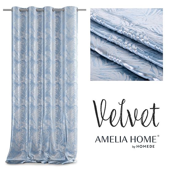 SILVERLEAVES Curtain Light Blue Printed Glamour Style Silver Eyelets Velvet 140x245 AmeliaH