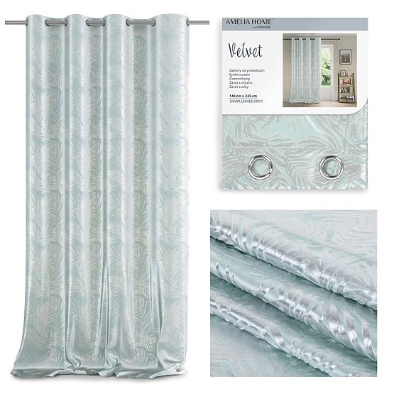 SILVERLEAVES Curtain Mint Color Printed Glamour Style Silver Eyelets Velvet 140x245 AmeliaHom