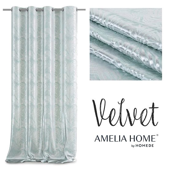 SILVERLEAVES Curtain Mint Color Printed Glamour Style Silver Eyelets Velvet 140x245 AmeliaHom