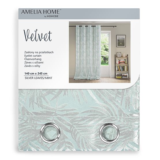 SILVERLEAVES Curtain Mint Color Printed Glamour Style Silver Eyelets Velvet 140x245 AmeliaHom