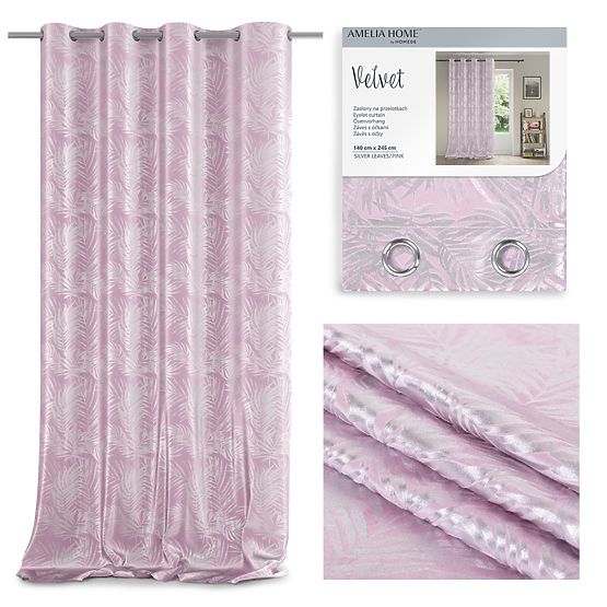 SILVERLEAVES Curtain Powder Pink Color Printed Glamour Style Silver Eyelets Velvet 140x245 Ameli
