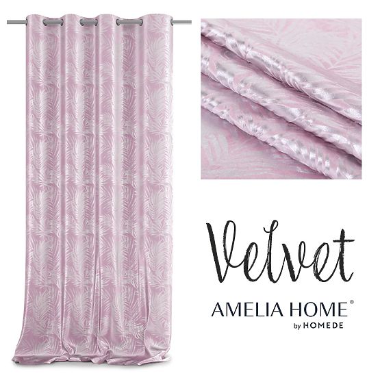 SILVERLEAVES Curtain Powder Pink Color Printed Glamour Style Silver Eyelets Velvet 140x245 Ameli