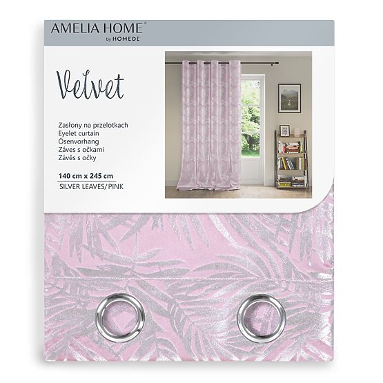 SILVERLEAVES Curtain Powder Pink Color Printed Glamour Style Silver Eyelets Velvet 140x245 Ameli