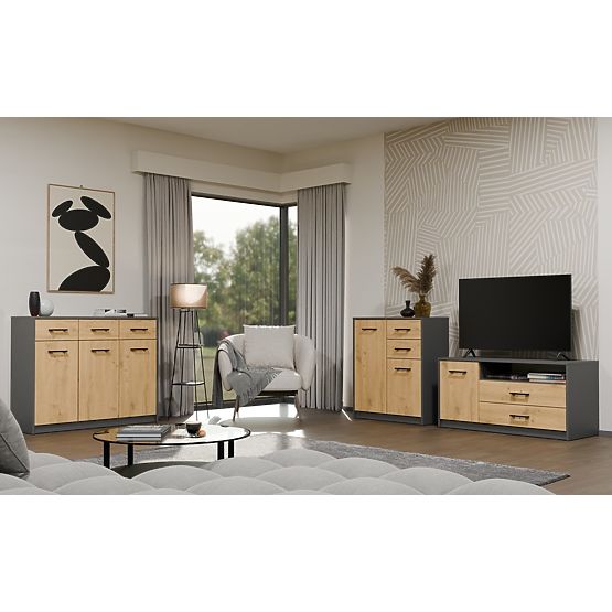 SIMPLO 2D2S Sideboard Cabinet 2 Drawers 2 Doors for Living Room ANTHRACITE OAK ARTISAN