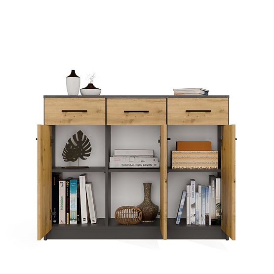 SIMPLO 3D3S Sideboard 3 Drawers 3 Doors ANTHRACITE ARTISAN OAK