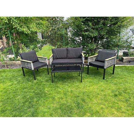 Small Balcony Furniture Set (2 x Chair, Sofa + Table) CORTO Black Aluminum, Gray Technorattan