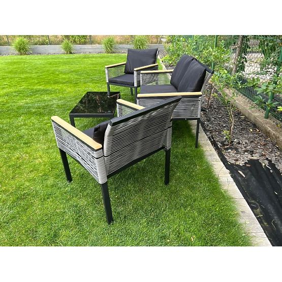 Small Balcony Furniture Set (2 x Chair, Sofa + Table) CORTO Black Aluminum, Gray Technorattan