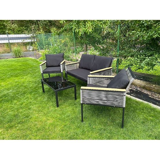 Small Balcony Furniture Set (2 x Chair, Sofa + Table) CORTO Black Aluminum, Gray Technorattan