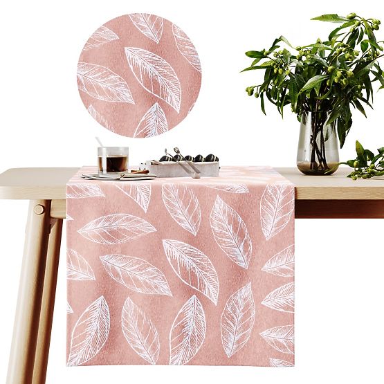 Tablecloth CALM powder pink color printed plant motif classic style 40x140 ameliahome