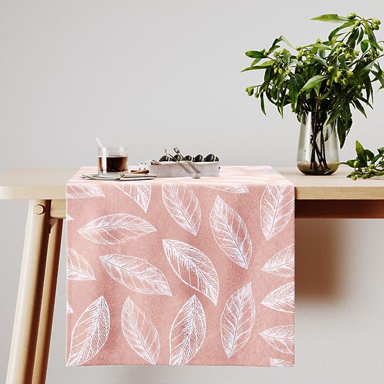 Tablecloth CALM powder pink color printed plant motif classic style 40x140 ameliahome