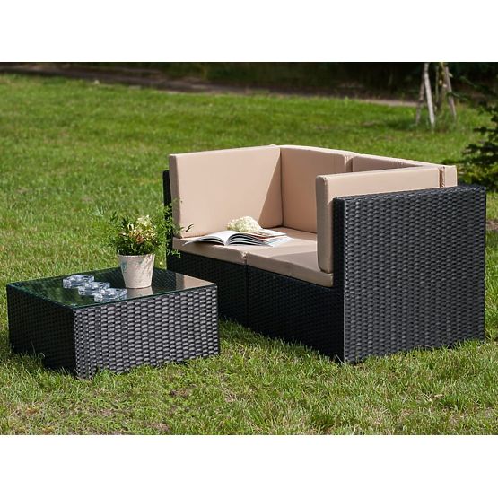 Two-seater Sofa with Technorattan Table TINTO Black