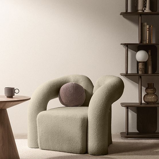 Upholstered Armchair Merry Brown, Boucle, Rounded Shapes