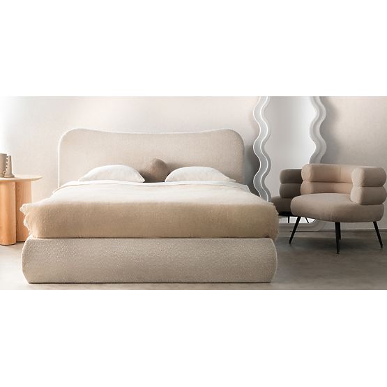 Upholstered Bed Derry 160x200 cm, with Slats and Storage, Rounded, Beige