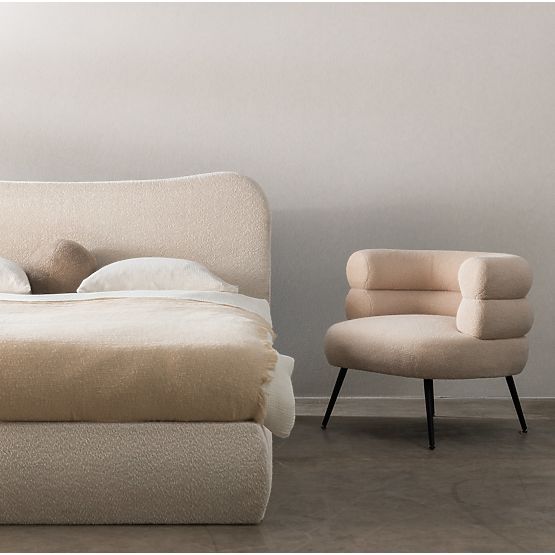 Upholstered Bed Derry 160x200 cm, with Slats and Storage, Rounded, Beige