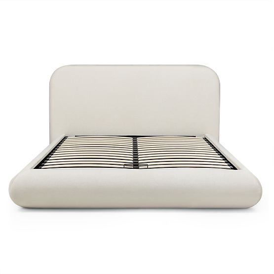 Upholstered Bed Lumi 160x200 cm, with Slatted Frame and Storage, Rounded, Light Beige