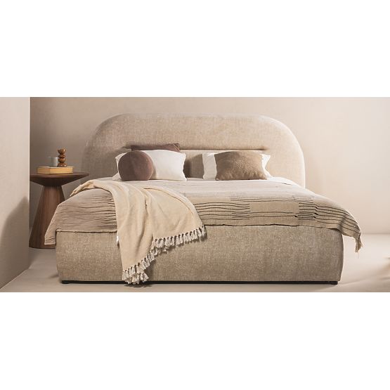 Upholstered Bed Luno 140x200 cm, with Slatted Frame and Storage, Light Beige, Rounded