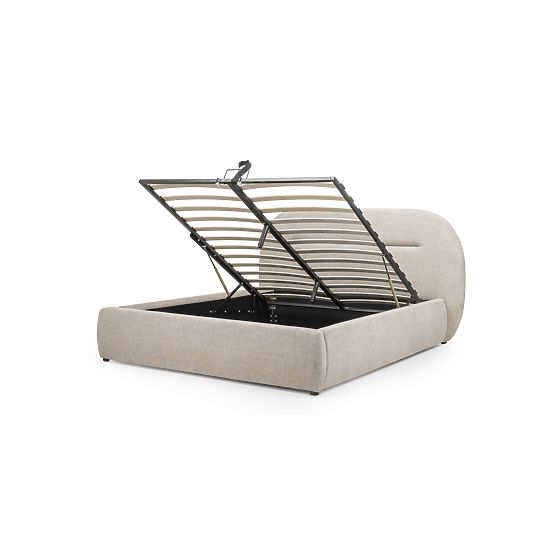 Upholstered Bed Luno 140x200 cm, with Slatted Frame and Storage, Light Beige, Rounded