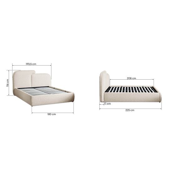 Upholstered Bed Nestia 160x200 cm, with Slats and Storage, Light Beige, Rounded