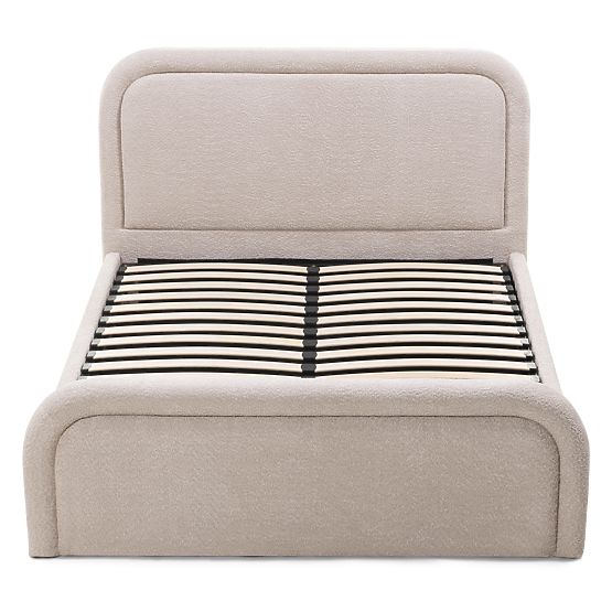 Upholstered Bed Ovoid 140x200 cm, with Slatted Frame and Storage, Rounded, Beige