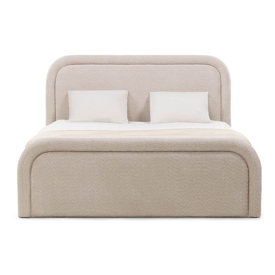 Upholstered Bed Ovoid 160x200 cm, with Slatted Base and Storage, Rounded, Beige