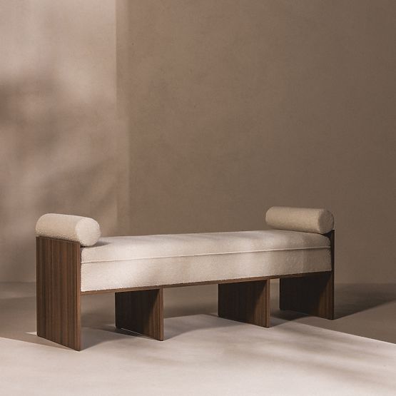 Upholstered Bench Loppo Light Beige, Boucle, Walnut Wisconsin