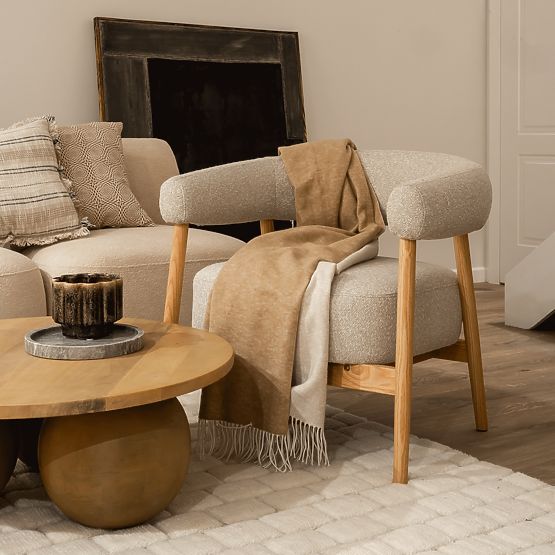 Upholstered Chair/Armchair Montepulciano, Light Beige/Oak Wood, Rounded