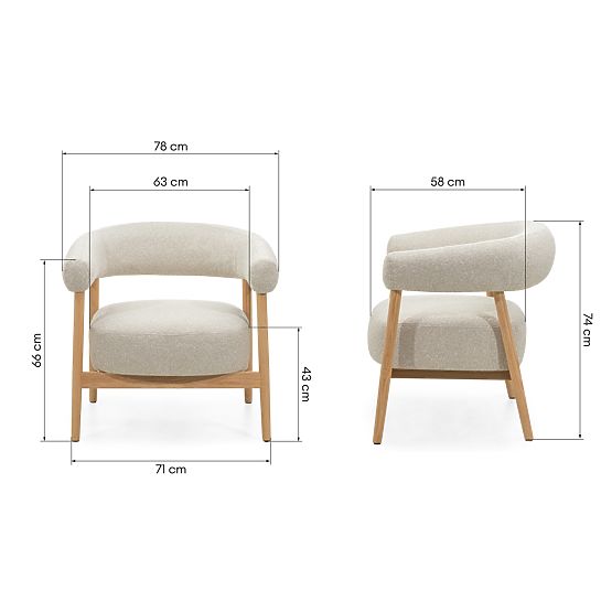 Upholstered Chair/Armchair Montepulciano, Light Beige/Oak Wood, Rounded