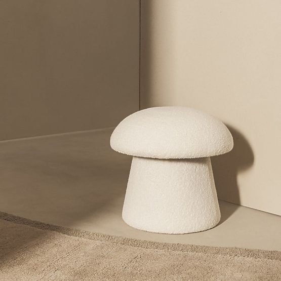 Upholstered Pouf Cap, White, Boucle, Rounded Shapes