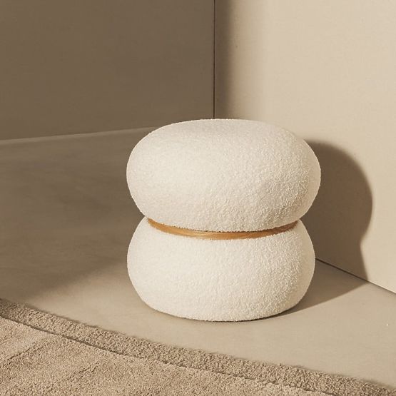Upholstered Pouf Muss, Round, White, Boucle