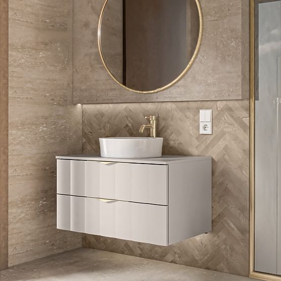 Vanity Cabinet for Countertop Omi 80 cm, Wavy Front Panel, Gold Handles, Cashmere Beige