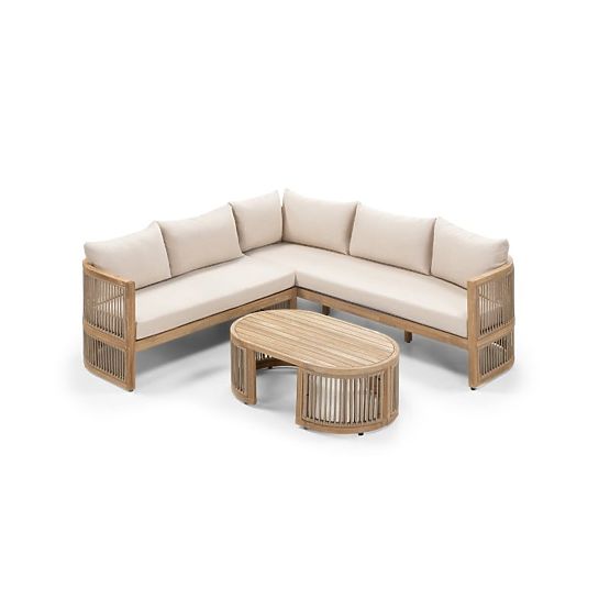 Vetralla Garden Corner Set with Table, Wicker, FSC Acacia Wood, Teak Look, Light Beige