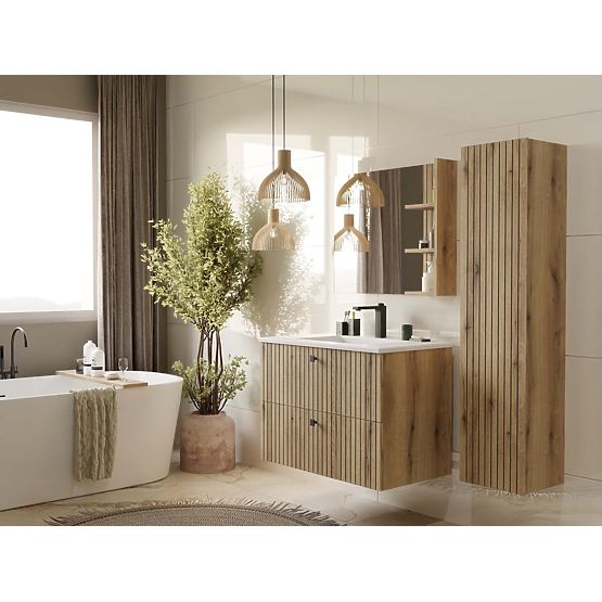 WALL-MOUNTED VANITY CABINET TIGO 80 2S OAK EVOKE 2 DRAWERS GROOVED FRONT PANEL