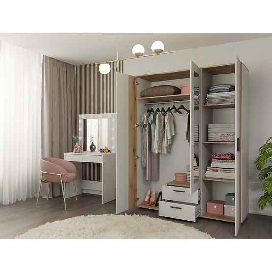 WARDROBE AVA 150 CM MIRROR 2 DRAWERS GROOVED FRONT OAK EVOKE CASHMERE BEIGE