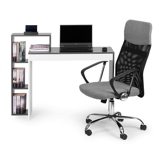 White-Grey Office Computer Desk + Shelf with 4 Shelves