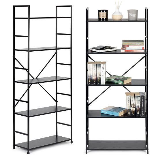 Wide Wooden Shelf Modern LOFT 5 Shelves Black