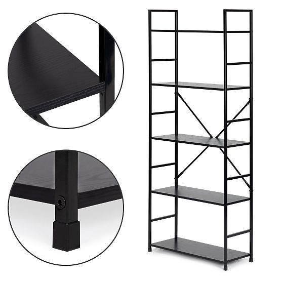 Wide Wooden Shelf Modern LOFT 5 Shelves Black