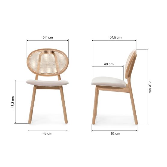 Wooden Chair Monet with Viennese Weave, Rattan, Velour, Natural/Light Brown